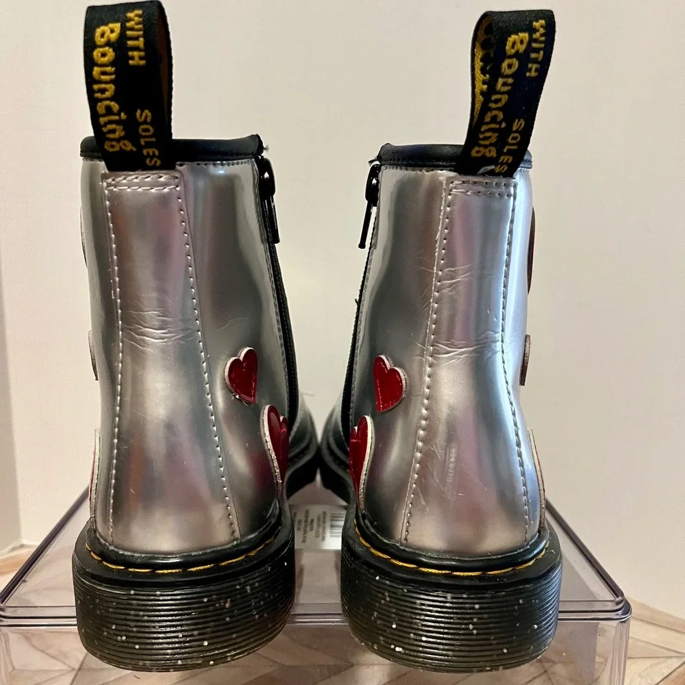 Dr Martens 1460 J Glitter Star Patent Lace Up Zip Boots Kids 3 Silver Red Hearts